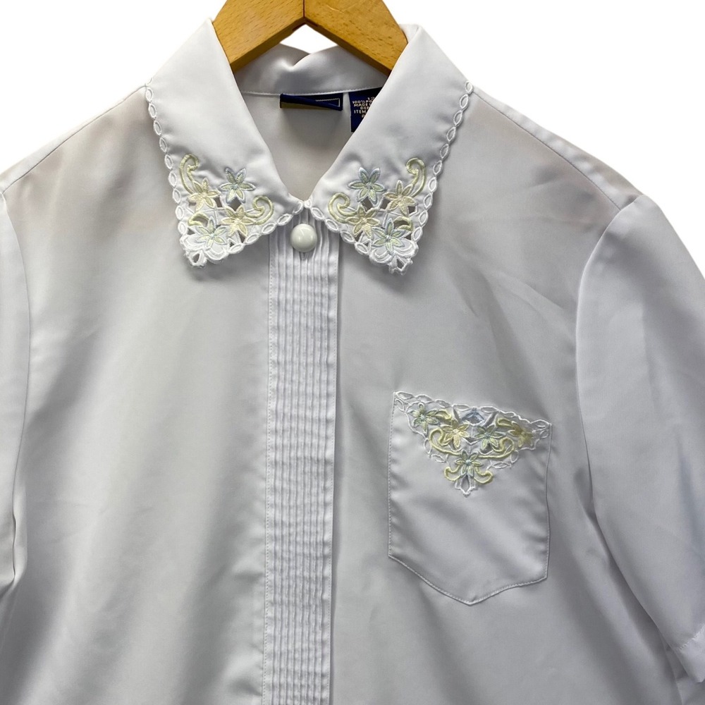 Laura Scott Blouse Womens 12 L White Embroidered Collar Pintuck Short Sleeve VTG
